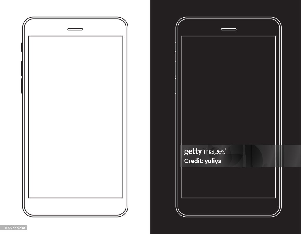 Smartphone, Mobile Phone in Black and White Wireframe