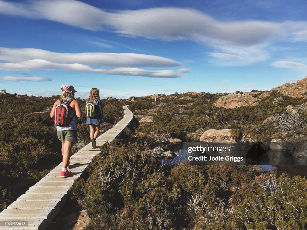 Children hiking along a path in a national park