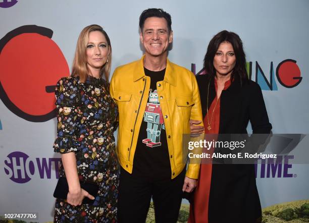 Judy Greer, Jim Carrey and Catherine Keener attend the premiere of Showtime's "Kidding" at The Cinerama Dome on September 5, 2018 in Los Angeles,...