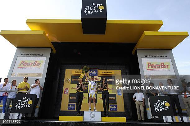 Britain's Mark Cavendish celebrates on the podium after winning on July 9, 2010 the 227,5 km and 6th stage of the 2010 Tour de France cycling race...