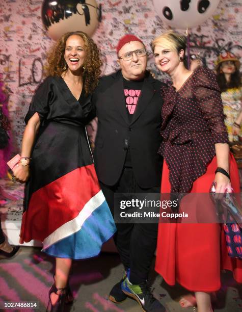 Berly Isaak, Alber Elbaz and D'arcy Jensen attend the Alber Elbaz X LeSportsac New York Fashion Week Party at Gallery I at Spring Studios on...