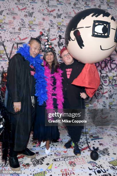 Alex Koo, Roopal Patel and Alber Elbez attend the Alber Elbaz X LeSportsac New York Fashion Week Party at Gallery I at Spring Studios on September 5,...