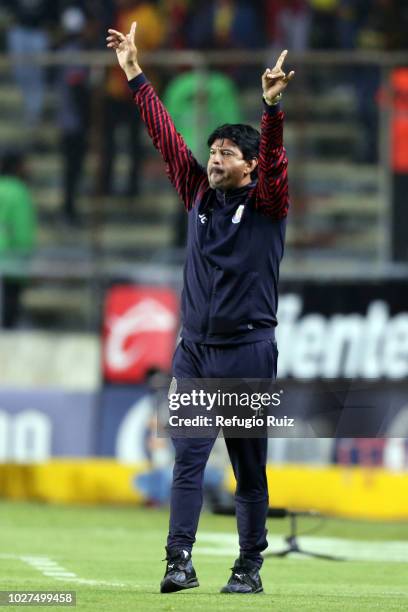 Jose Cardozo, coach of Chivas gives instructions to his players during a Group H match between Morelia and Chivas as part of Copa MX Apertura 2018 at...