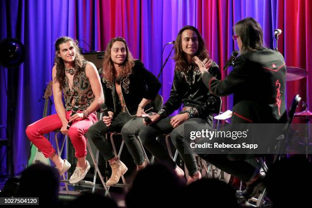 Danny Wagner, Jake Kiszka and Sam Kiszka of Greta Van Fleet speak with GRAMMY Museum Artistic Director Scott Goldman at Spotlight: Greta Van Fleet at...