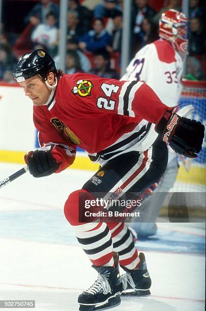 Bob Probert of the Chicago Blackhawks skates up the ice during an NHL game against the Montreal Canadiens on October 28, 1995 at the Montreal Forum...