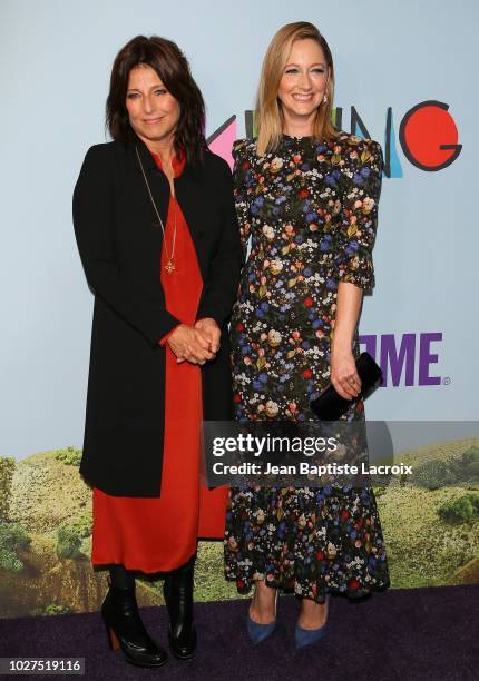 Catherine Keener and Judy Greer attend the premiere of Showtime's 'Kidding' at The Cinerama Dome on September 5, 2018 in Los Angeles, California.