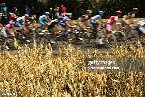 The peloton rides along the 227.5km route from Montargis to Gueugnon in stage six of the Tour de France July 9, 2010 in Gueugnon, France. The last...