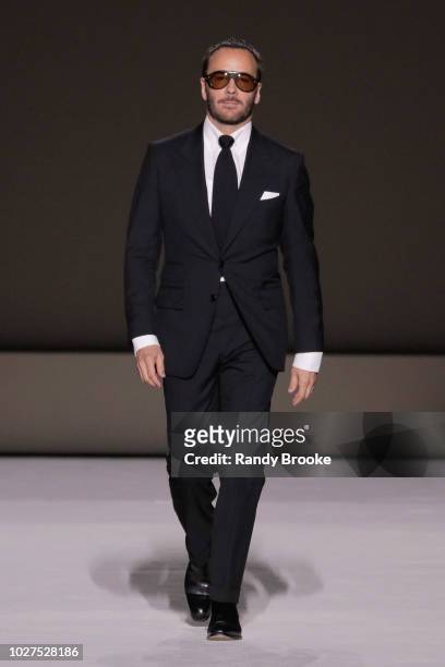 Tom Ford walks the runway to greet the audience at the end of his Tom Ford fashion show September 2018 at New York Fashion Week at Park Avenue Armory...