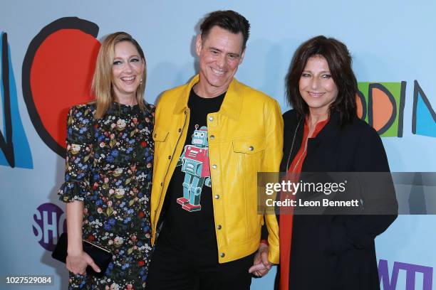 Judy Greer, Jim Carrey and Catherine Keener attends the Premiere Of Showtime's "Kidding" at The Cinerama Dome on September 5, 2018 in Los Angeles,...