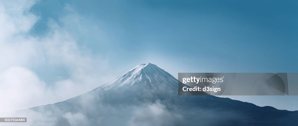 Mount Fuji with a refreshing appearance in the morning against clear blue sky