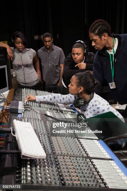 students working with sound mixer - backstage sign stock pictures, royalty-free photos & images