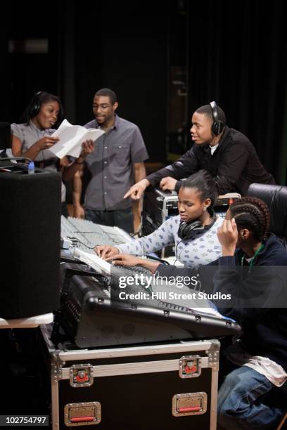 students working with sound mixer - backstage sign stock pictures, royalty-free photos & images