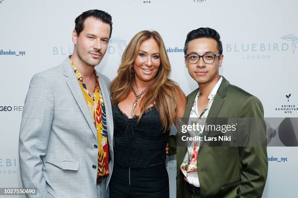 Evan Hungate, Barbara Kavovit and Jason Nguyen attend the Bluebird London New York City launch party at Bluebird London on September 5, 2018 in New...