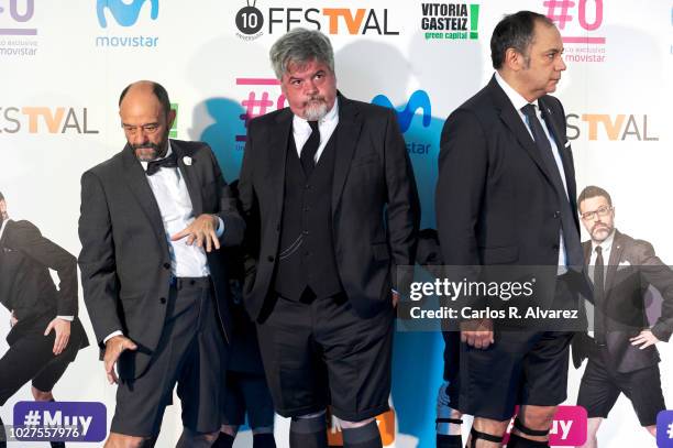 Javier Cansado, Javier Coronas and Pepe Colubi attend 'Comedia 0# by Movistar' photocall at Palacio de Congresos Europa during the FesTVal 2018 on...