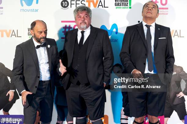 Javier Cansado, Javier Coronas and Pepe Colubi attend 'Comedia 0# by Movistar' photocall at Palacio de Congresos Europa during the FesTVal 2018 on...