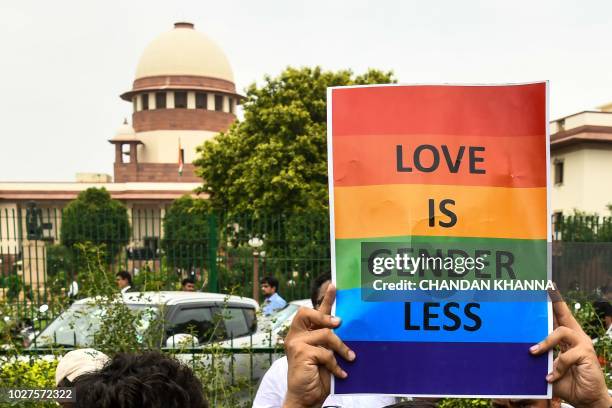 An Indian member of the lesbian, gay, bisexual, transgender community holds a placard outside the Supreme Court after the decision to strike down the...