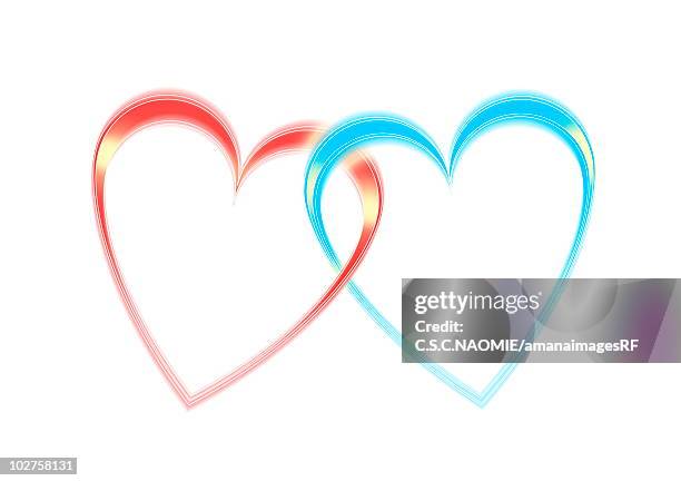 red and blue hearts on white background, computer graphic - two objects together stock illustrations