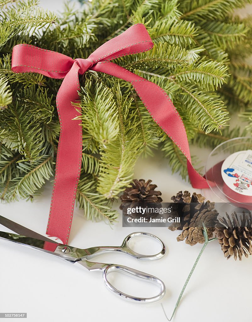 Craft supplies for Christmas wreath