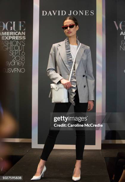 Model wears SS2018 designs during the Youth Denim show at David Jones during Vogue American Express Fashion's Night Out on September 6, 2018 in...