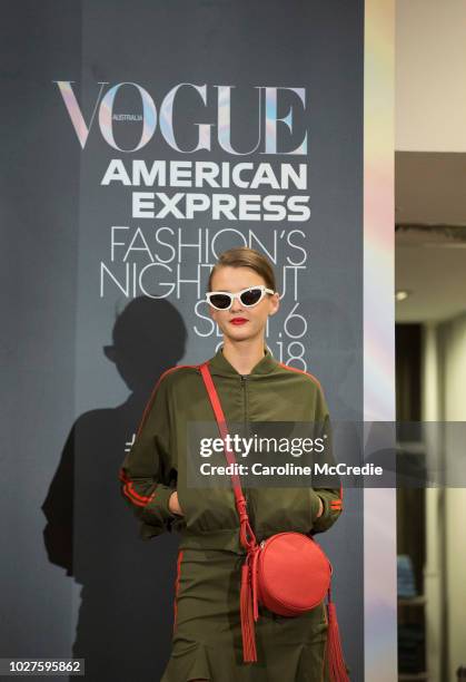 Model wears SS2018 designs during the Youth Denim show at David Jones during Vogue American Express Fashion's Night Out on September 6, 2018 in...