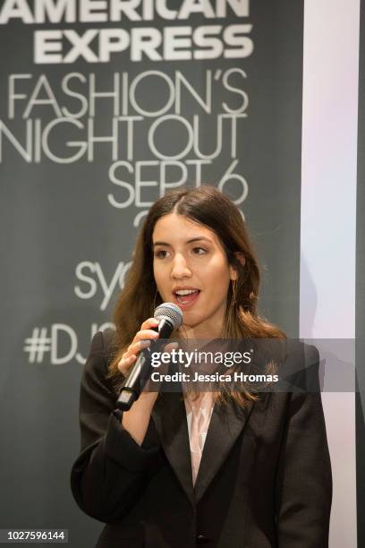 Bec Bonavia from Vogue presents the Youth Denim show at David Jones during Vogue American Express Fashion's Night Out on September 6, 2018 in Sydney,...