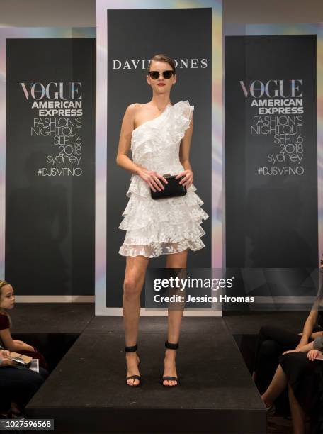 Model wears David Jones Australian designers during a show at David Jones Vogue American Express Fashion's Night Out on September 6, 2018 in Sydney,...