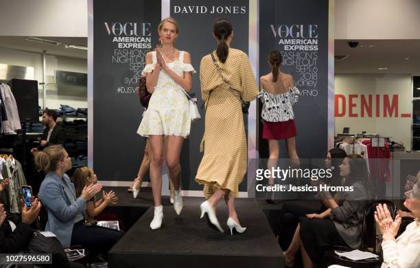 Models wear David Jones Australian designers during a show at David Jones Vogue American Express Fashion's Night Out on September 6, 2018 in Sydney,...