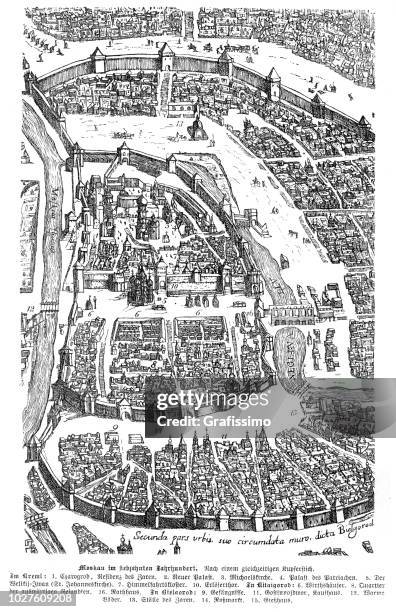 city of moscow russia 17th century map illustration - moscow russia stock illustrations