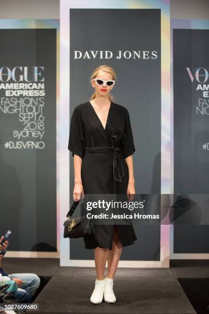 Models wears designs from the Contemporary Edit show at David Jones during Vogue American Express Fashion's Night Out on September 6, 2018 in Sydney,...