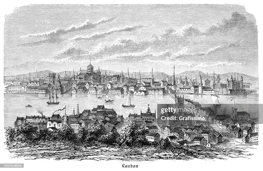 Engraving city of London with River Thames 16th century