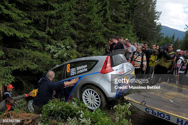 Kimi Raikkonen of Finland and Kaj Lindstron of Finland crashed with their Citroen C4 Junior Rally Team during Leg1 of the WRC Rally of Bulgaria on...