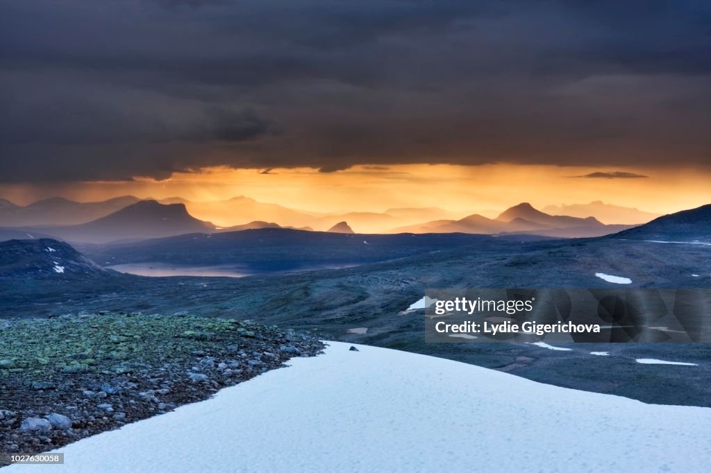 The mountains around Nordre Bjoellavatnet, Bjollavatnet lake, view from Steindalstinden hill, Saltfjellet-Svartisen National Park, Nordland county, Norway, Scandinavia