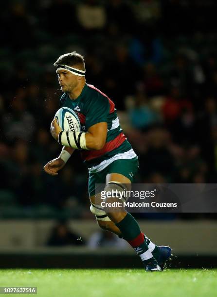 Mike Williams of Leicester Tigers runs with the ball during a friendly match with London Irish at Welford Road on August 24, 2018 in Leicester,...