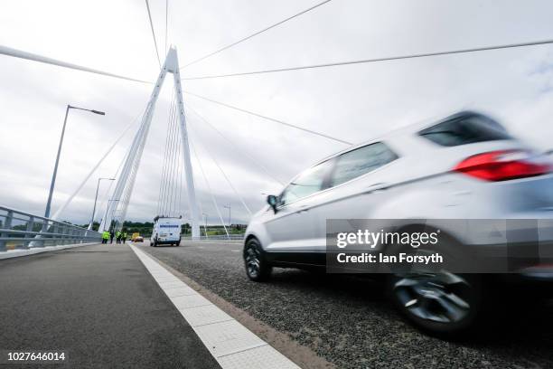 The new Northern Spire bridge spanning the River Wear officially opens to traffic on August 29, 2018 in Sunderland, England. The new cable stayed...