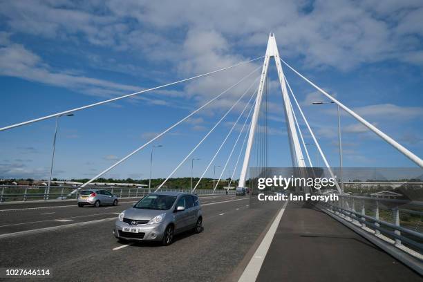 The new Northern Spire bridge spanning the River Wear officially opens to traffic on August 29, 2018 in Sunderland, England. The new cable stayed...