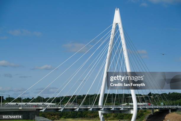 The new Northern Spire bridge spanning the River Wear officially opens to traffic on August 29, 2018 in Sunderland, England. The new cable stayed...