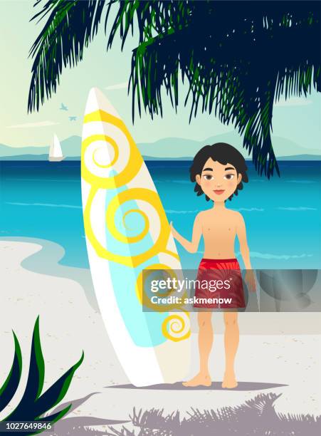 boy and a surfboard - 11 12 years stock illustrations