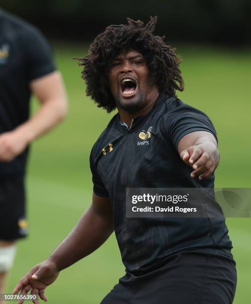 Ashley Johnson shouts instructions during the Wasps training session held on September 6, 2018 in Coventry, England.