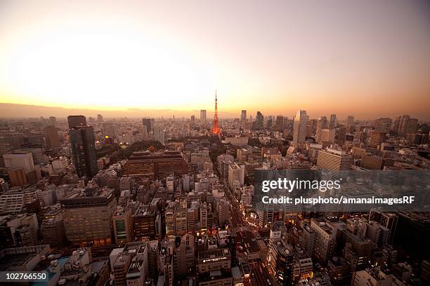 cityscape of tokyo and the tokyo tower at twilight. minato ward, tokyo prefecture, japan - plusphoto stock pictures, royalty-free photos & images