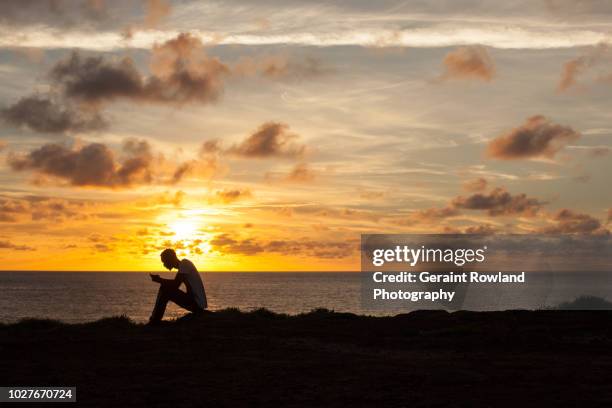 texting at sunset, senegal - goud strand stockfoto's en -beelden