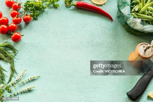 food background frame with seasoning, chili pepper, green beans and knife - green vegetables bildbanksfoton och bilder