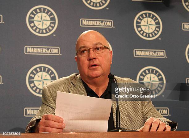 Executive Vice President & GM Jack Zduriencik of the Seattle Mariners speaks to the media at a press conference announcing a trade of starting...