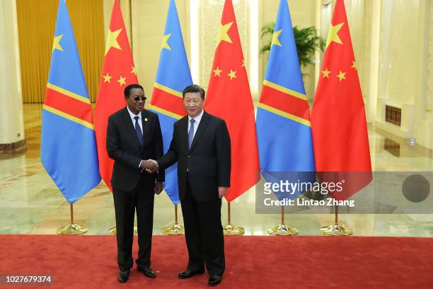 Chinese President Xi Jinping shakes hands with Bruno Tshibala Nzenze the Prime Minister of the Democratic Republic of the Congo before during a...