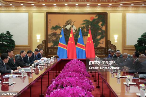 Chinese President Xi Jinping meets with Bruno Tshibala Nzenze the Prime Minister of the Democratic Republic of the Congo during a meeting at The...