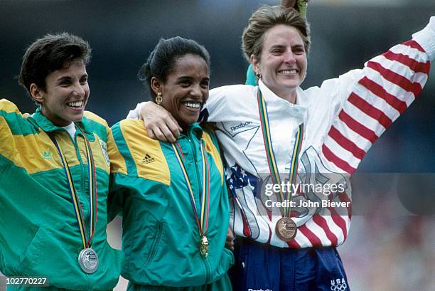 Summer Olympics: South Africa Elana Meyer , Ethiopia Derartu Tulu and USA Lynn Jennings victorious after Women's 10,000M Final at Estadi Olimpic de...