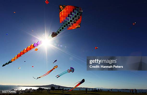 Huge kites are launched high above Bastion Point as part of Matariki Festival celebrations on July 10, 2010 in Auckland, New Zealand. Matariki is the...