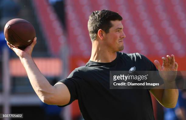 Quarterback Christian Hackenberg of the Philadelphia Eagles throws a pass prior to a preseason game against the Cleveland Browns on August 23, 2018...