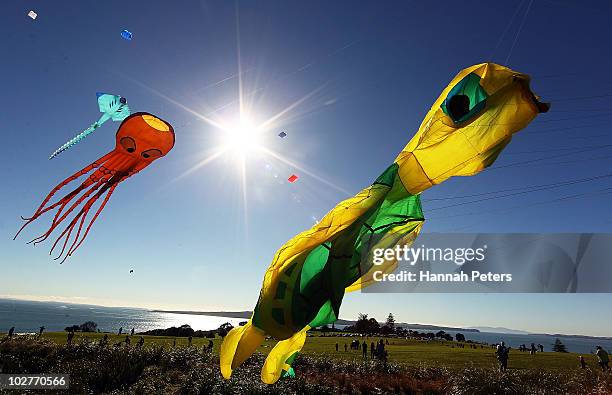 Huge kites are launched high above Bastion Point as part of Matariki Festival celebrations on July 10, 2010 in Auckland, New Zealand. Matariki is the...