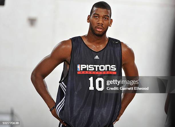 Greg Monroe of the Detroit Pistons waits for play to resume against the Los Angeles Lakers during NBA Summer League on July 9, 2010 at Cox Pavilion...