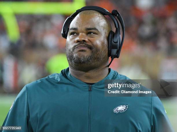 Running backs coach Duce Staley of the Philadelphia Eagles walks along the sideline in the third quarter of a preseason game against the Cleveland...